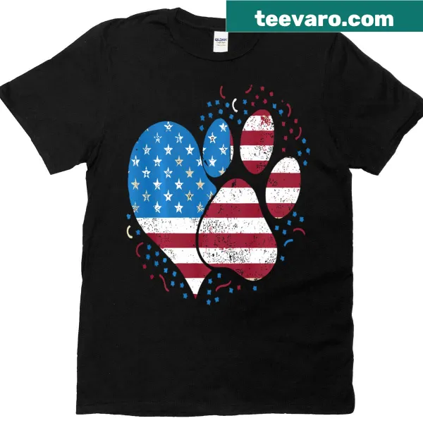 Patriotic T-shirt with paw prints and American flag design