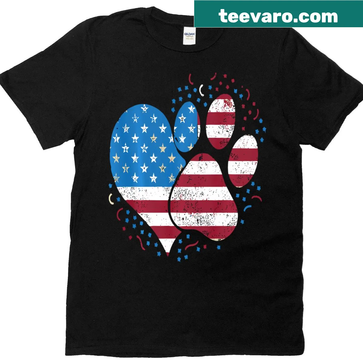 Patriotic T-shirt with paw prints and American flag design — on a men's t-shirt