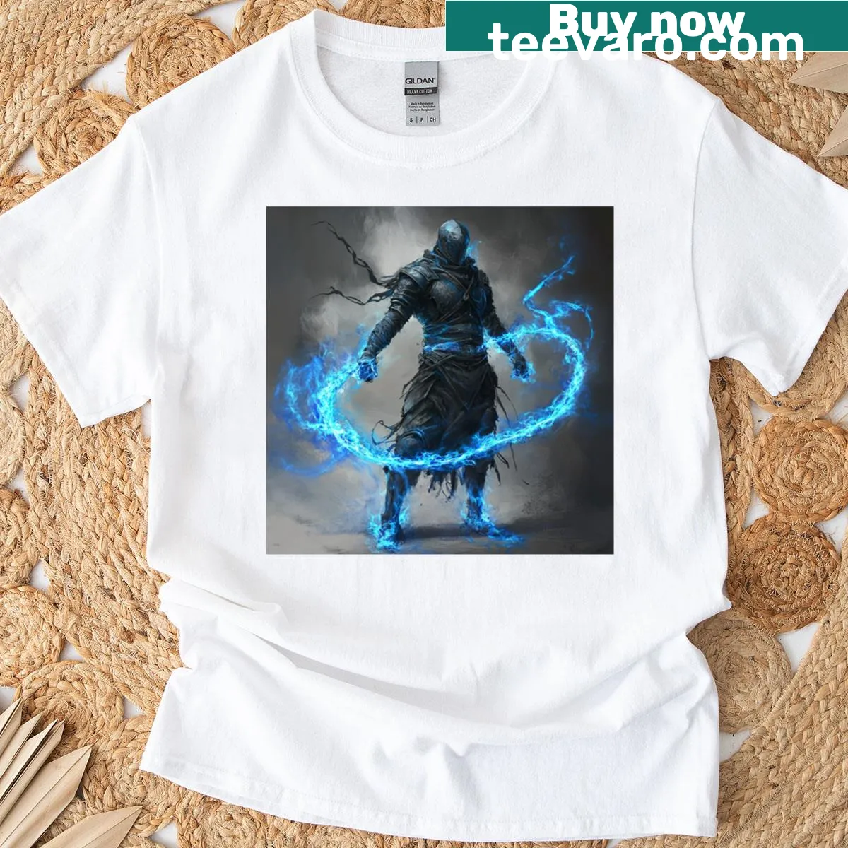 T-shirt featuring armor and a blue fire whip illustration — on a men's t-shirt