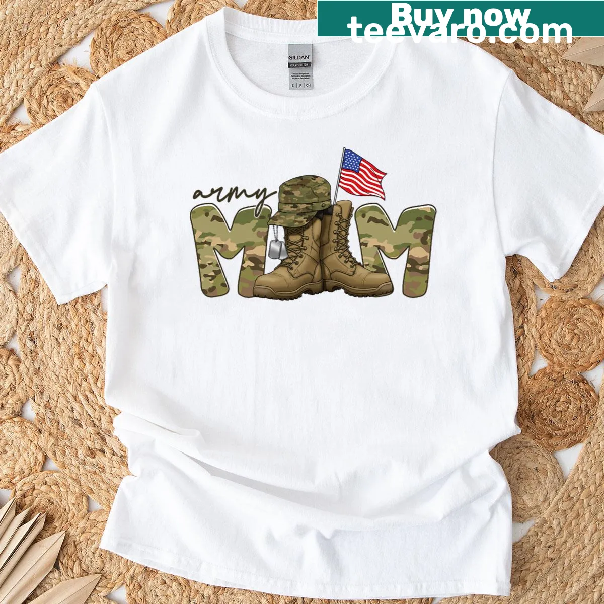 Camouflage T-shirt with 'Army Mama' and USA flag design — on a men's t-shirt