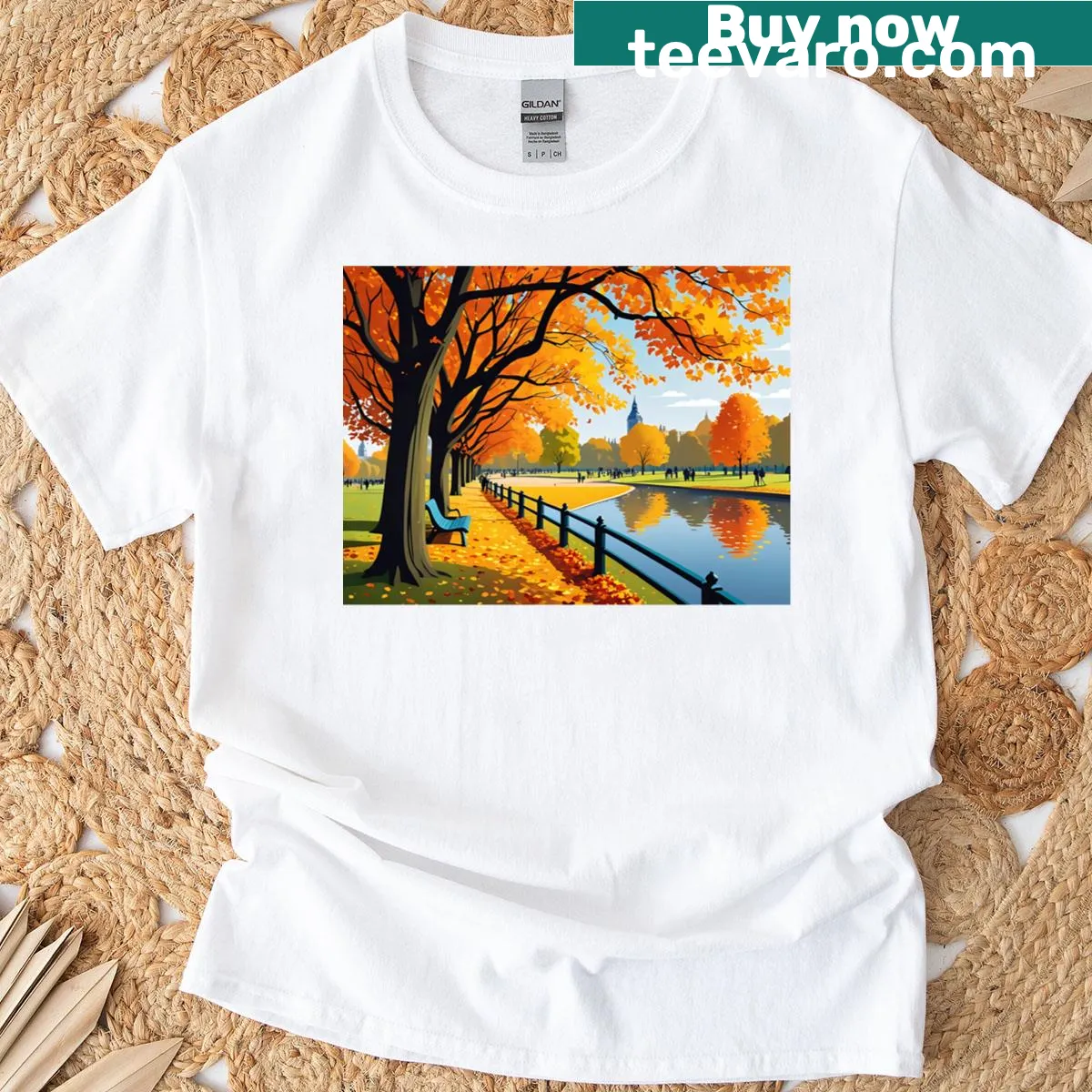 T-shirt depicting a tranquil autumn park scene — on a men's t-shirt