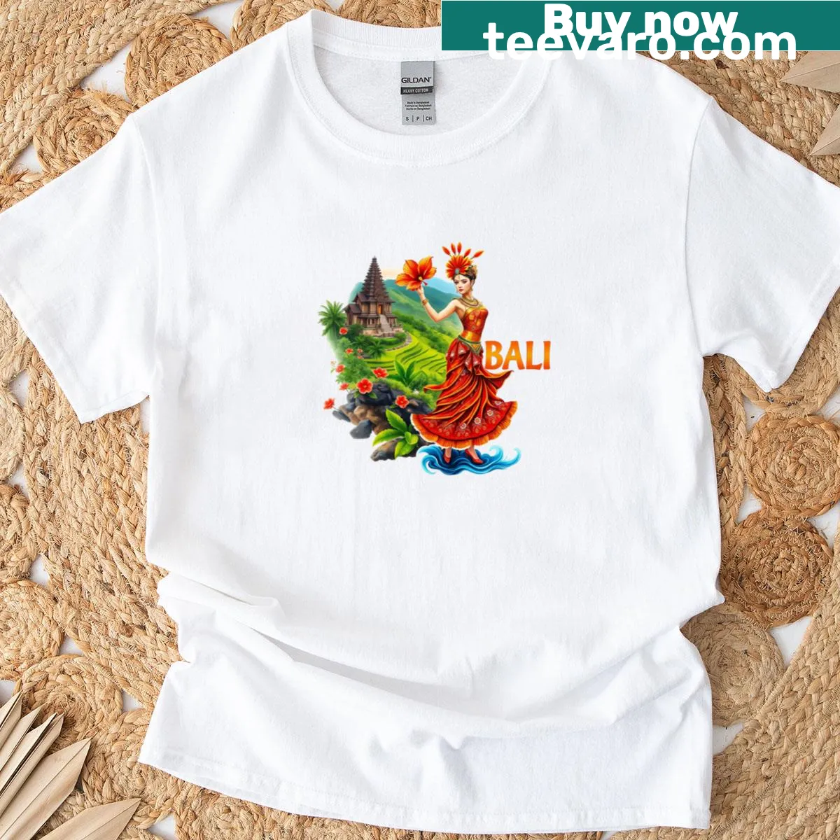 T-shirt featuring a scenic illustration of Bali paradise — on a men's t-shirt