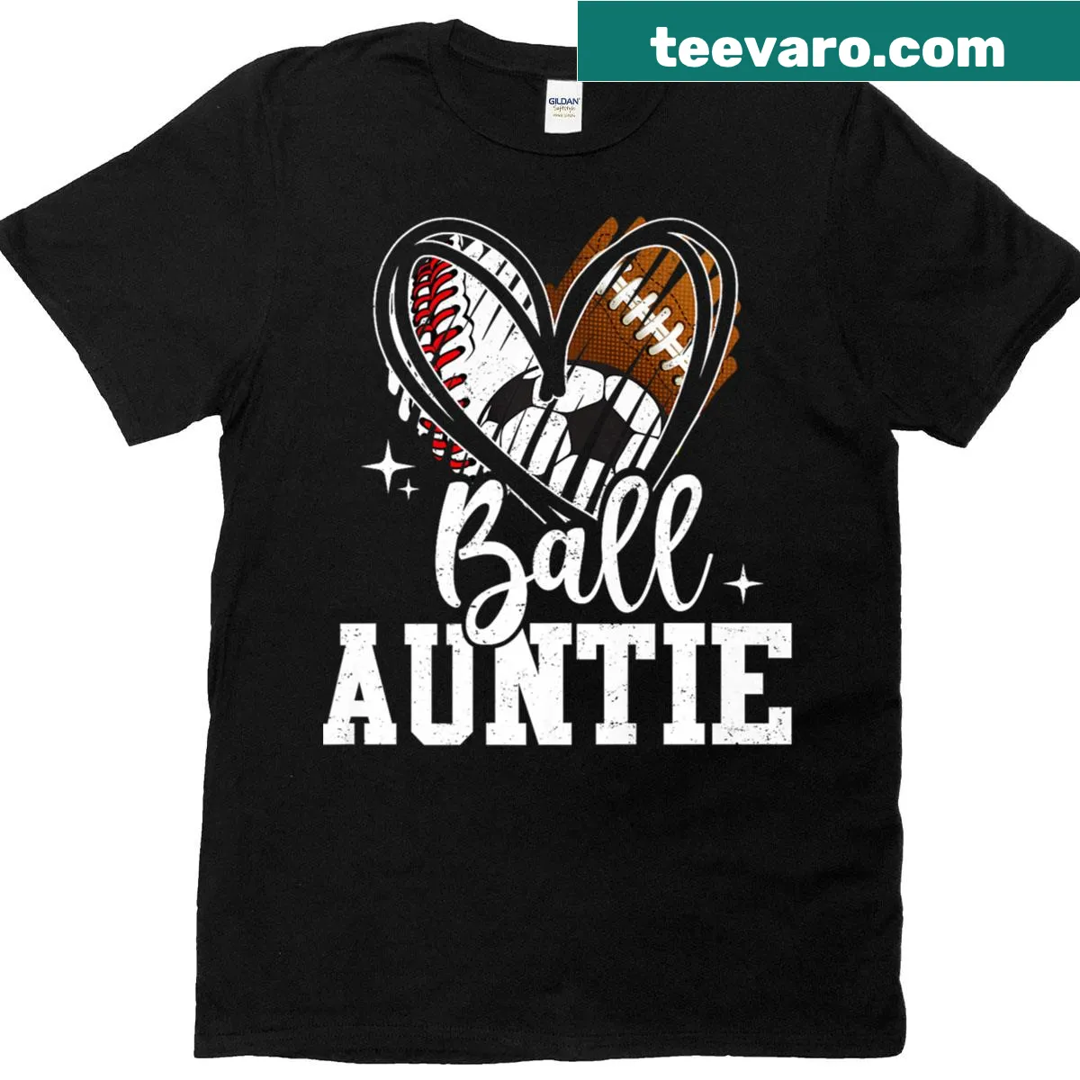 Sporty T-shirt for aunties with baseball, soccer, and football graphics — on a men's t-shirt