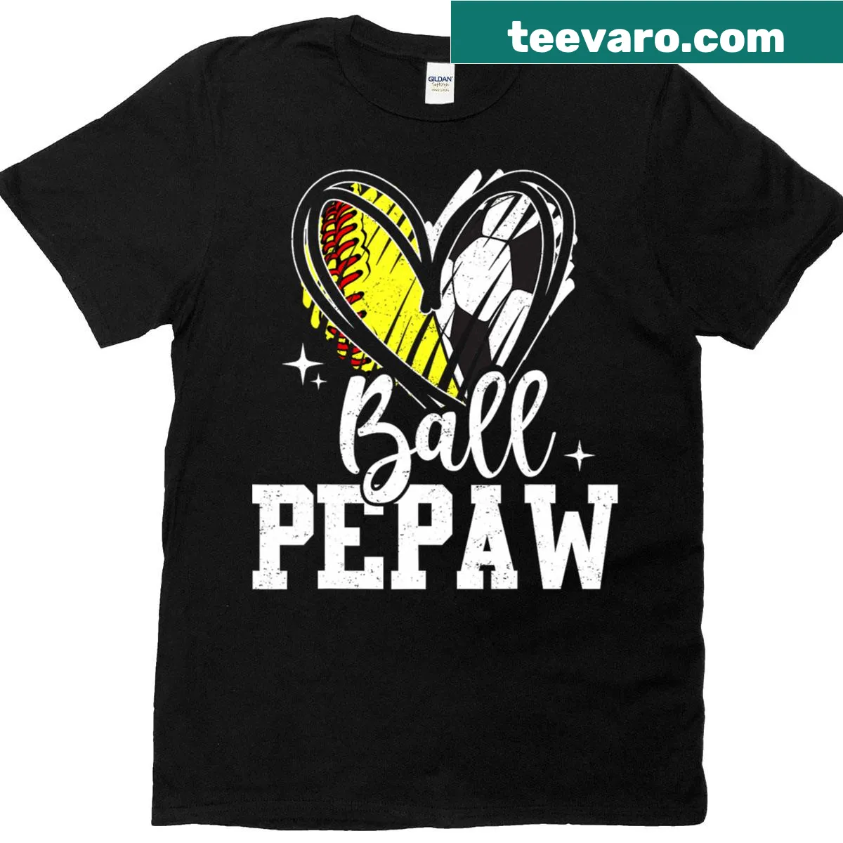 Graphic T-shirt for grandpa with softball and soccer ball design — on a men's t-shirt