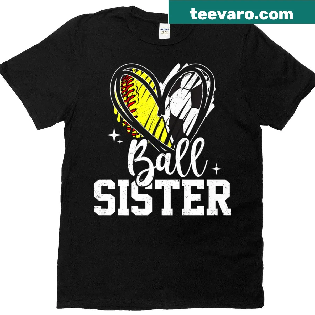 Softball and soccer ball graphic on a sister-themed t-shirt — on a men's t-shirt