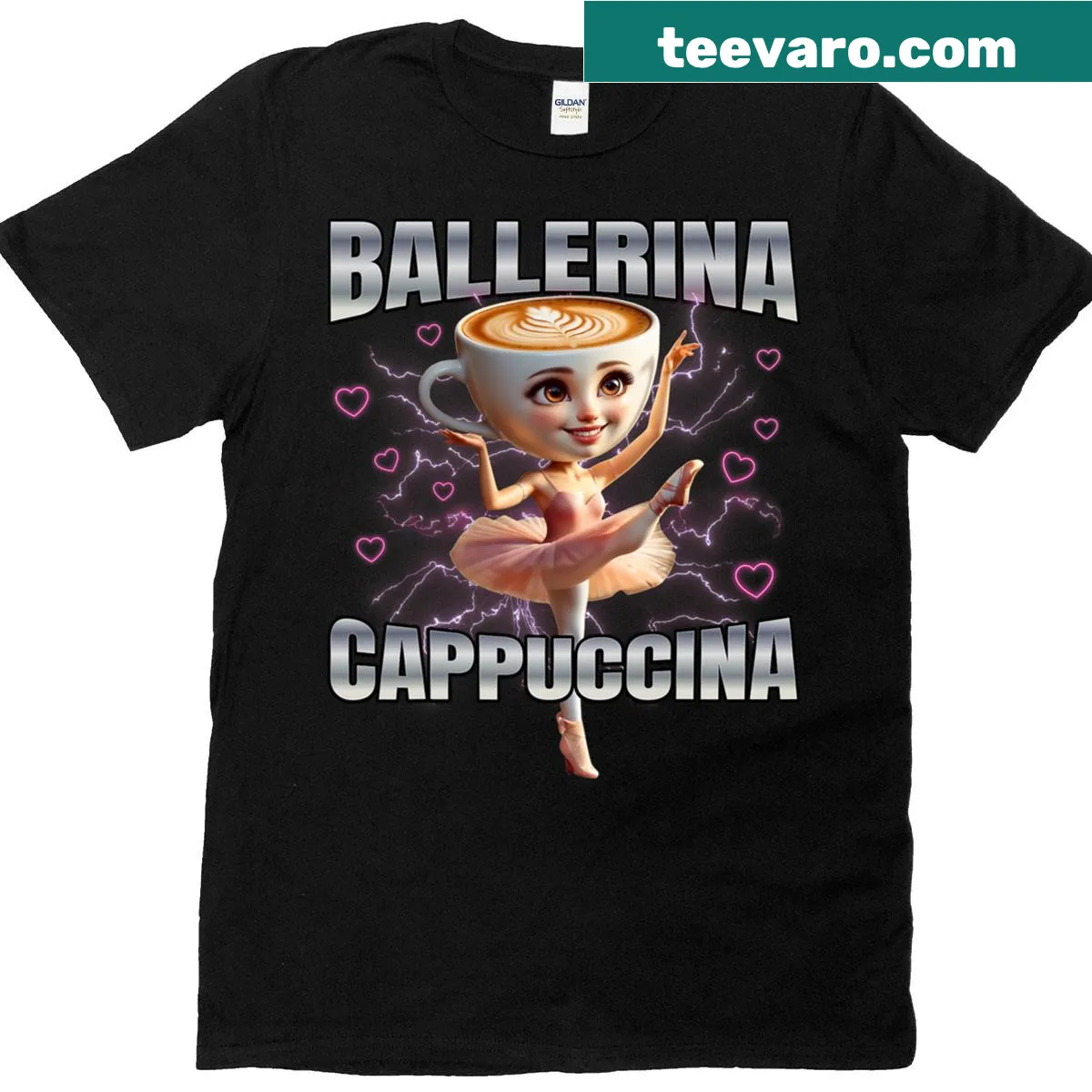 Whimsical T-shirt featuring a ballerina on a cappuccino cup — on a men's t-shirt