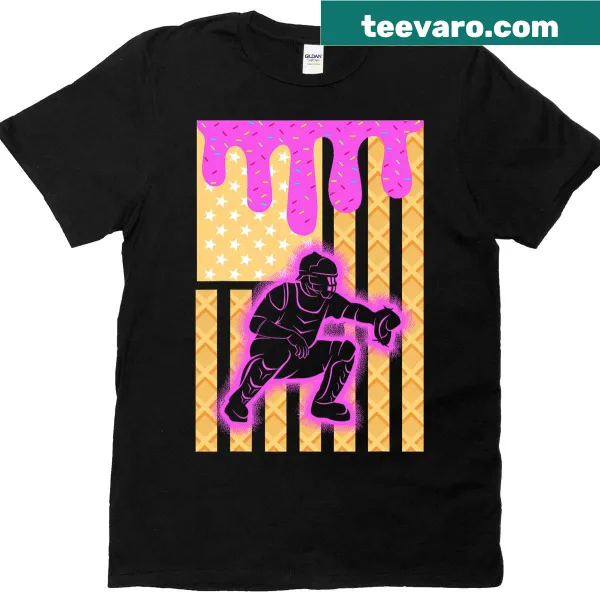 Baseball-themed T-shirt with ice cream and American flag graphics