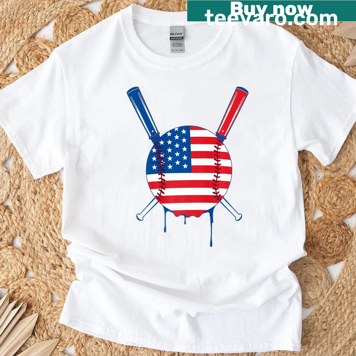 Patriotic T-shirt featuring baseball, ice cream, and the American flag — on a men's t-shirt