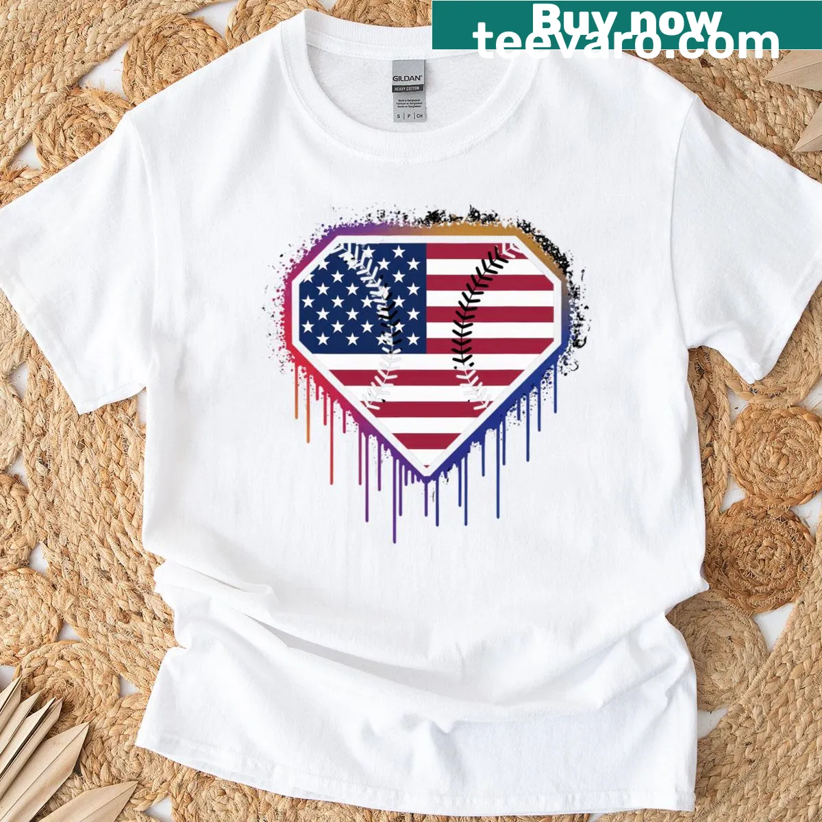 Patriotic t-shirt with baseball, ice cream, and American flag graphics — on a men's t-shirt