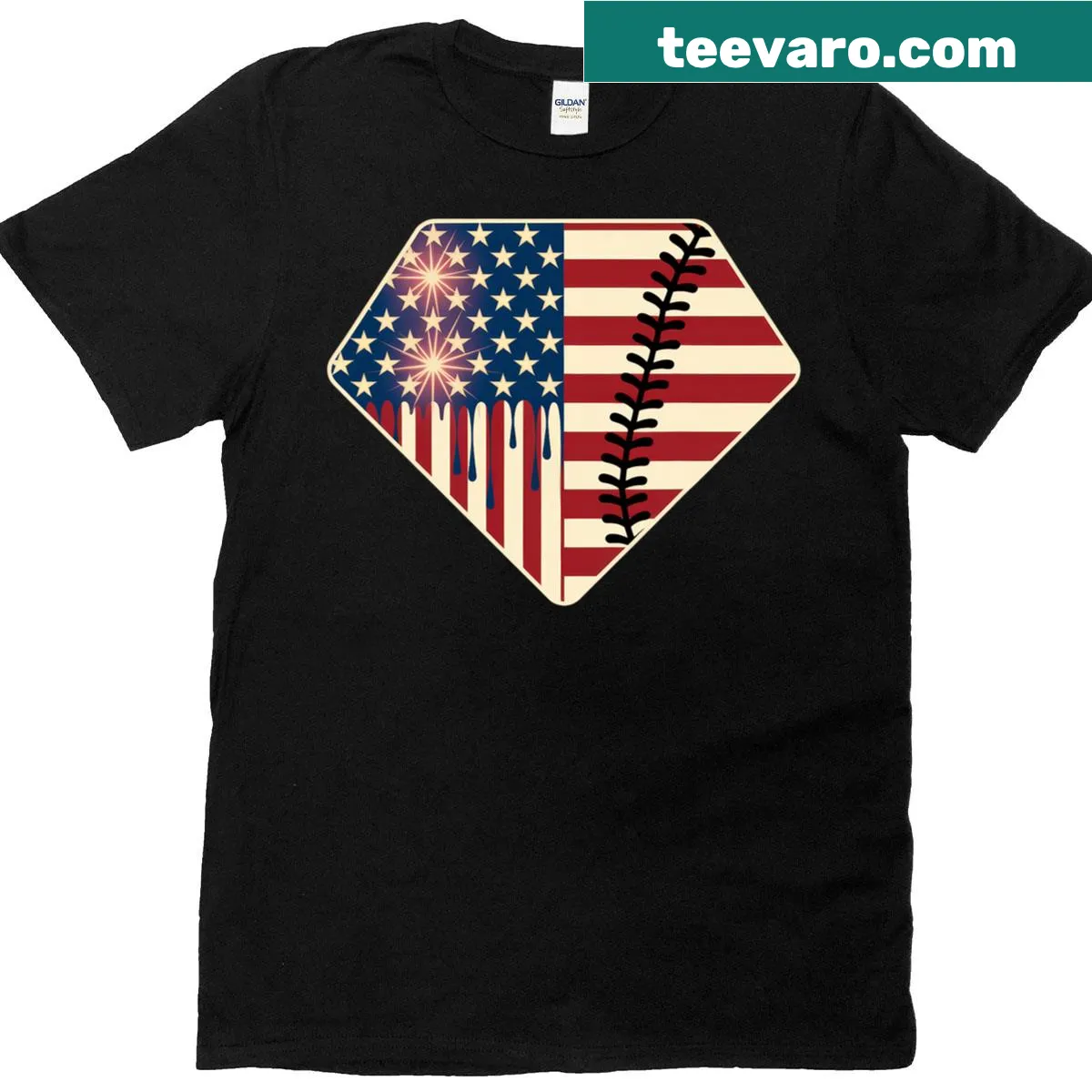 Men's T-shirt with baseball, ice cream, and American flag design — on a men's t-shirt
