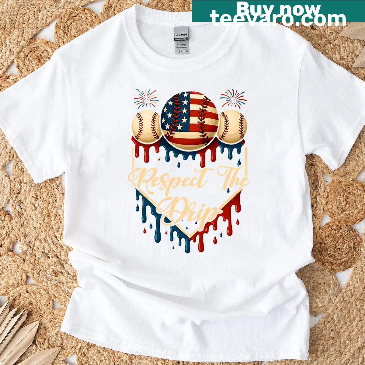 Kids' T-shirt featuring dripping ice cream with baseball and patriotic design — on a men's t-shirt