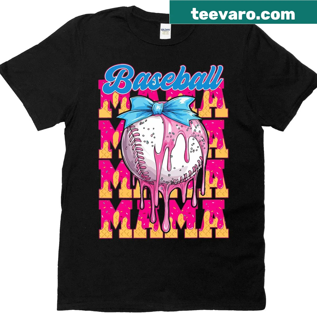 Stylish Baseball Mama t-shirt with coquette bow and playful typography — on a men's t-shirt