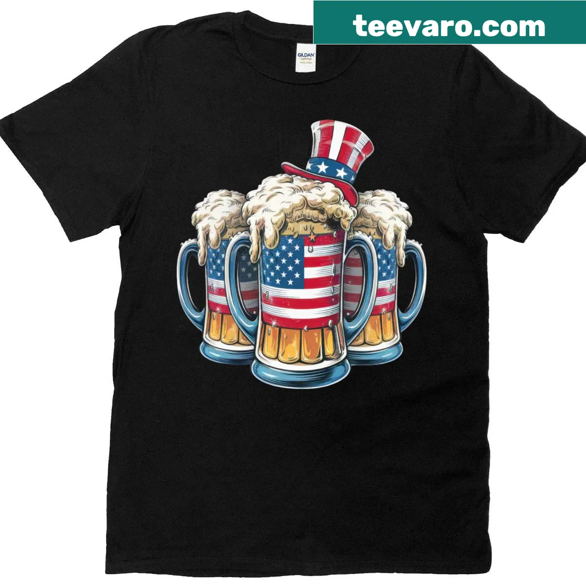 American flag and beer graphic T-shirt for Fourth of July celebrations — on a men's t-shirt