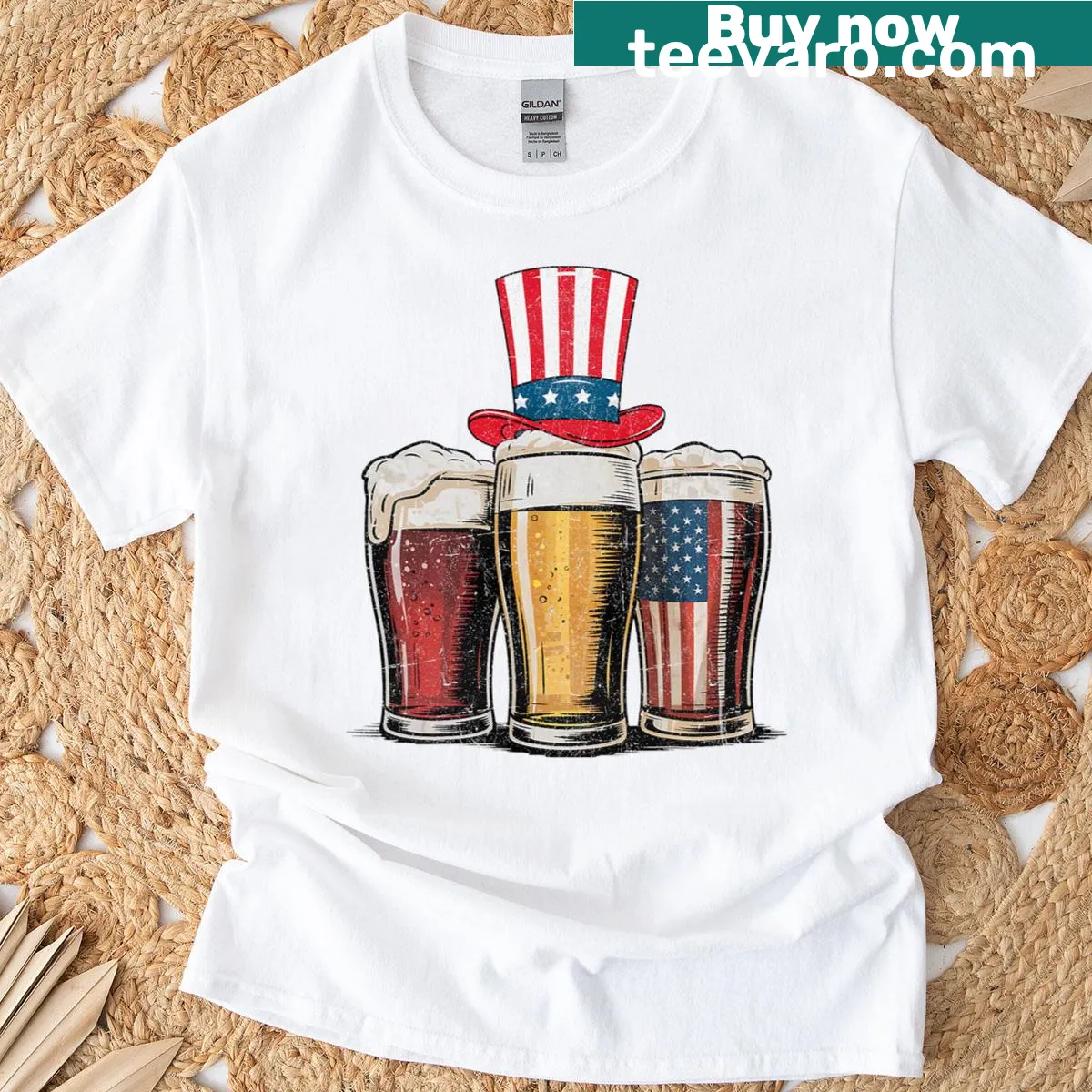 Vintage beer graphic with American flag for Fourth of July T-shirt — on a men's t-shirt