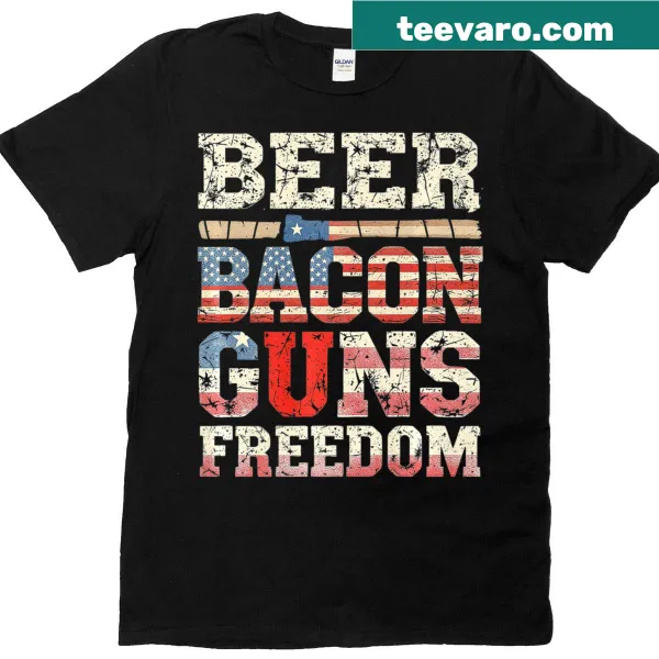Vintage-style T-shirt with the phrase 'Beer, Bacon, Guns, Freedom.'