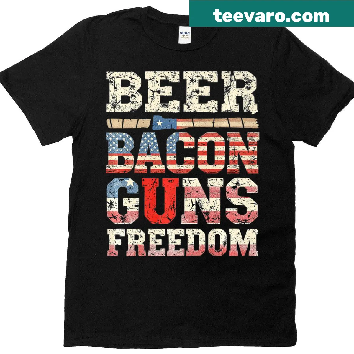 Vintage-style T-shirt with the phrase 'Beer, Bacon, Guns, Freedom.' — on a men's t-shirt