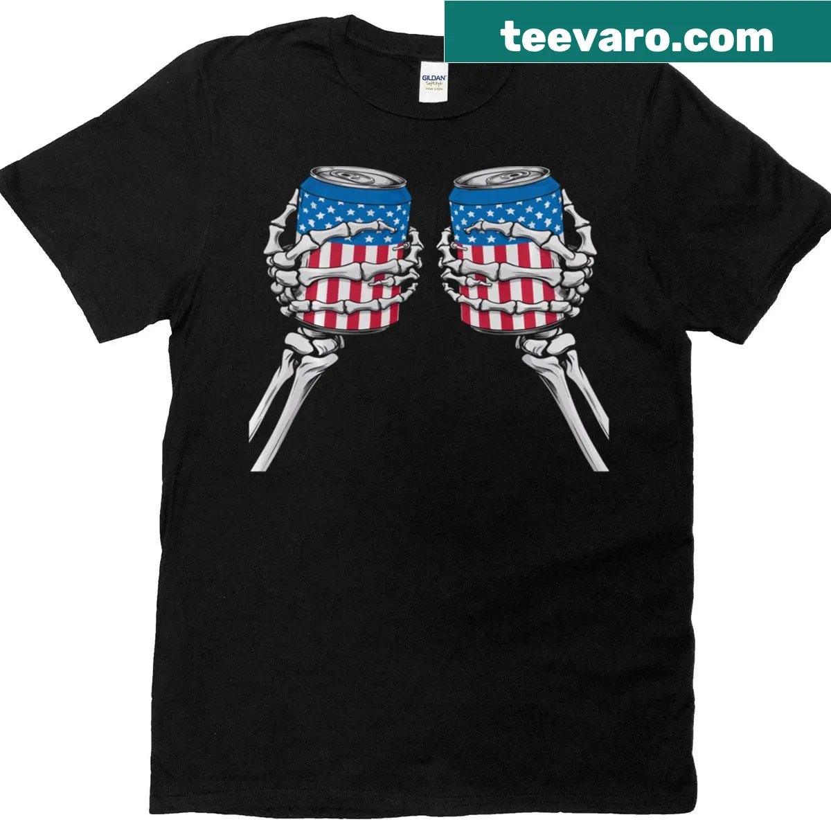 Funny 4th of July T-shirt with skeleton hand holding beer — on a men's t-shirt