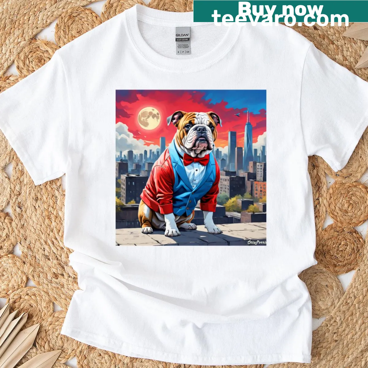 Illustration of a bulldog in a big city T-shirt — on a men's t-shirt