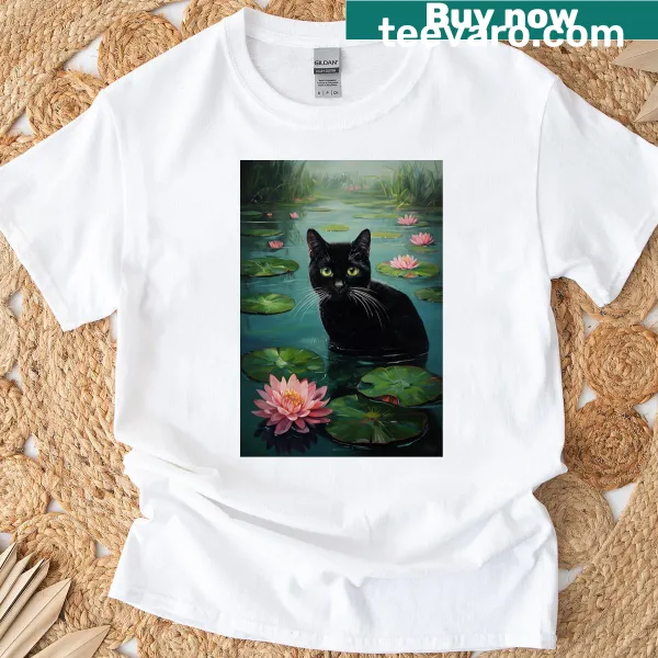 Whimsical black cat graphic on a playful T-shirt design.