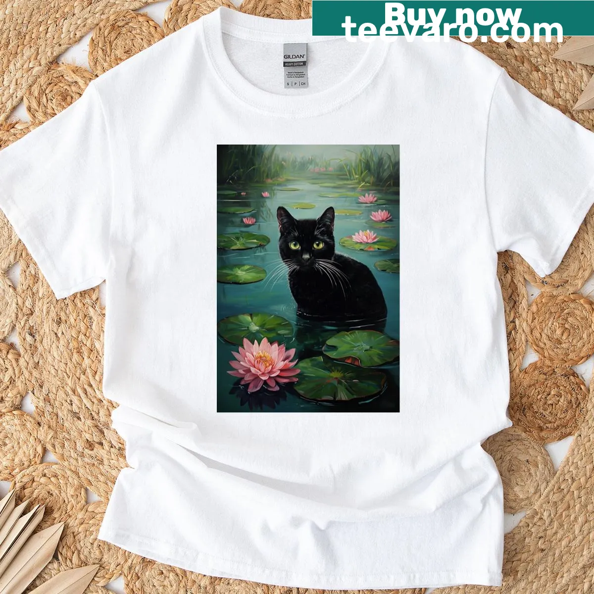 Whimsical black cat graphic on a playful T-shirt design. — on a men's t-shirt