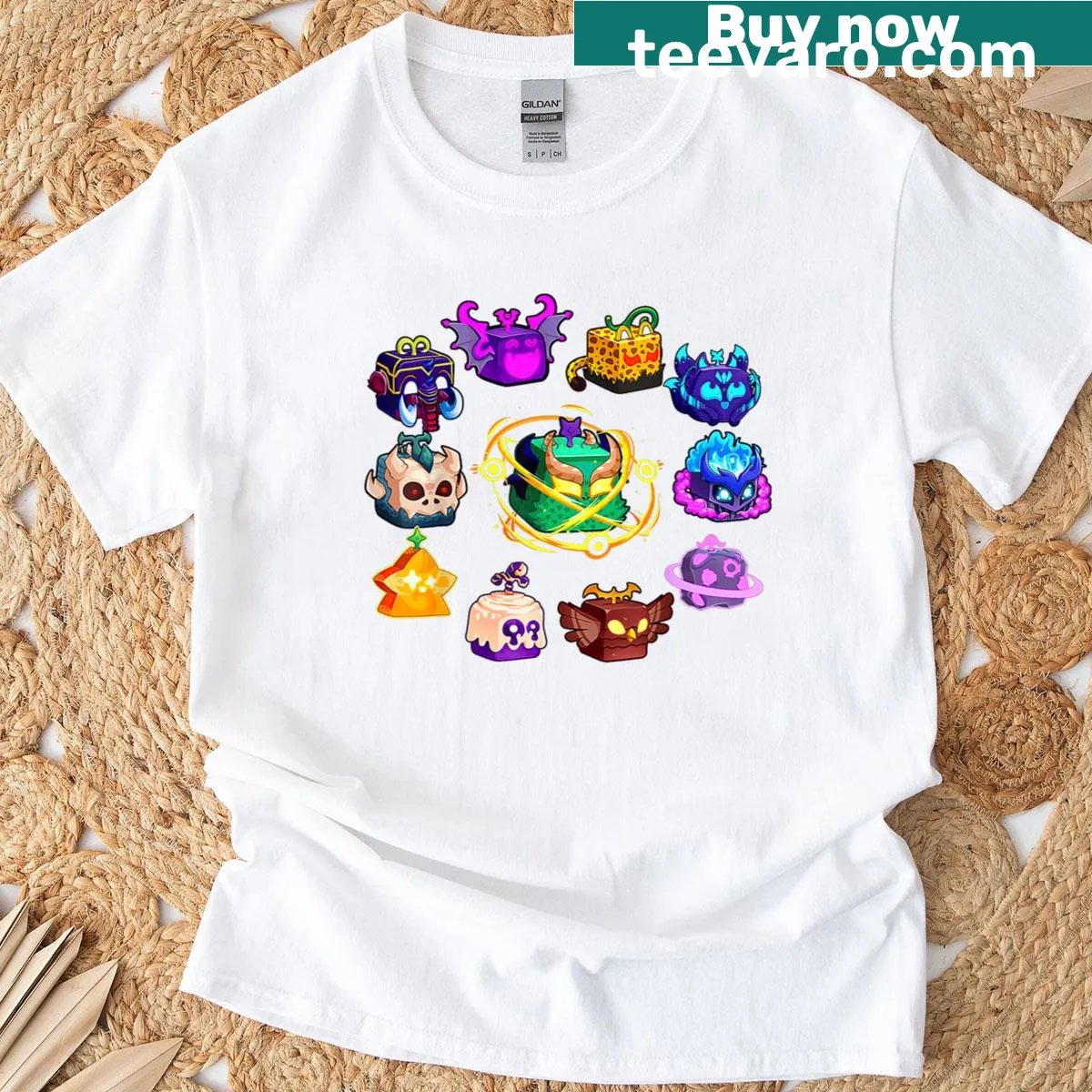 Birthday T-shirt featuring cartoon mythical creatures inspired by Blox Fruit game. — on a men's t-shirt
