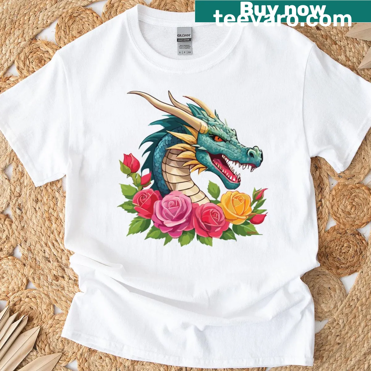 Oversized T-shirt featuring a blue dragon surrounded by roses — on a men's t-shirt