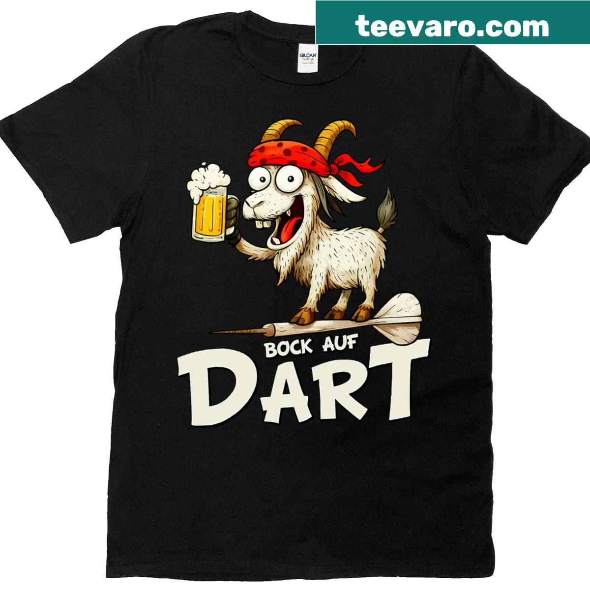 Funny T-shirt with a goat holding a beer mug while playing darts — on a men's t-shirt