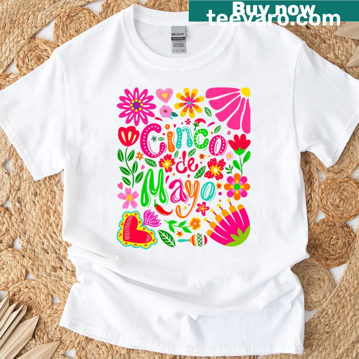 Boho floral design on Cinco de Mayo-themed T-shirt for men and women. — on a men's t-shirt