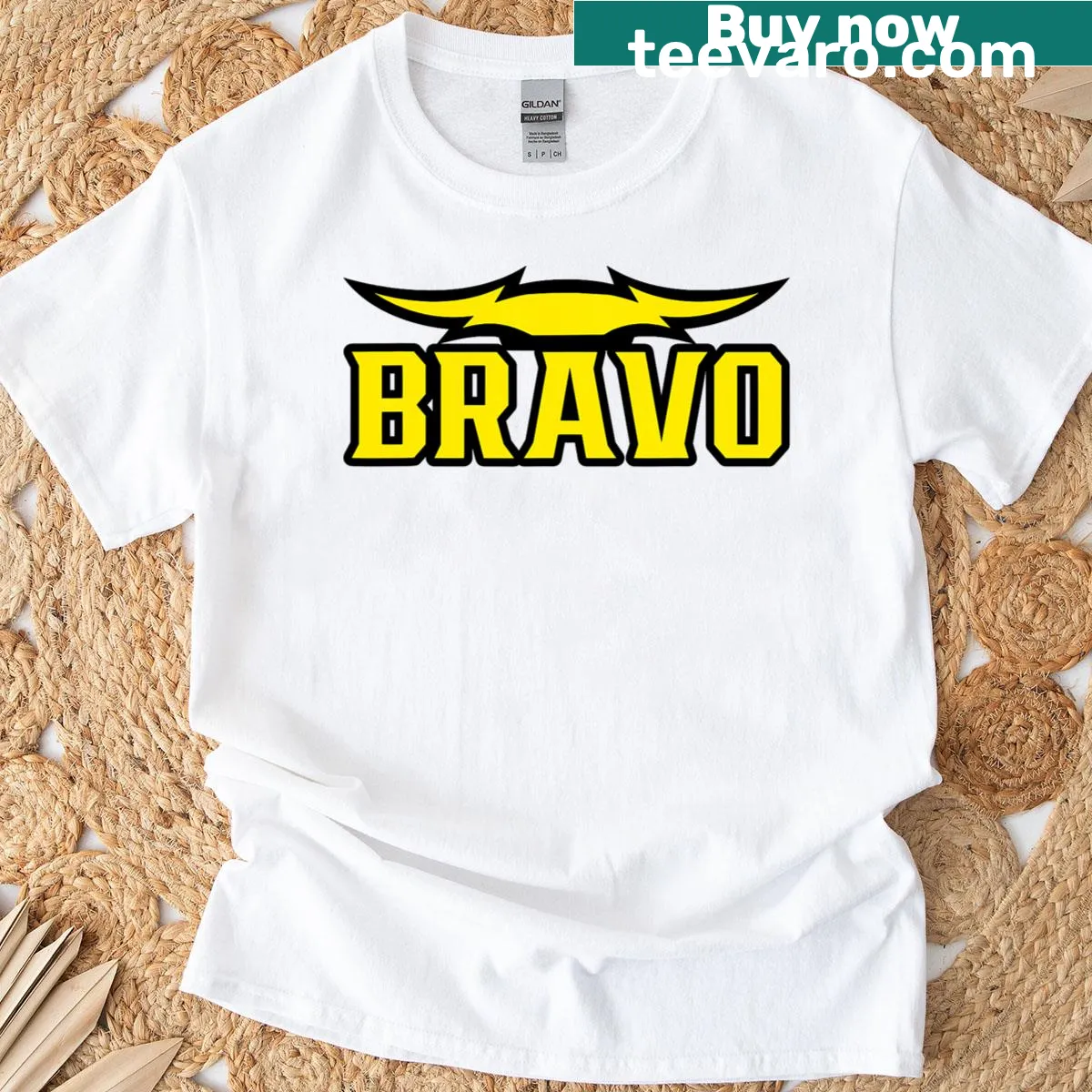 Bravo Brahmas football T-shirt with emblem for tailgating. — on a men's t-shirt