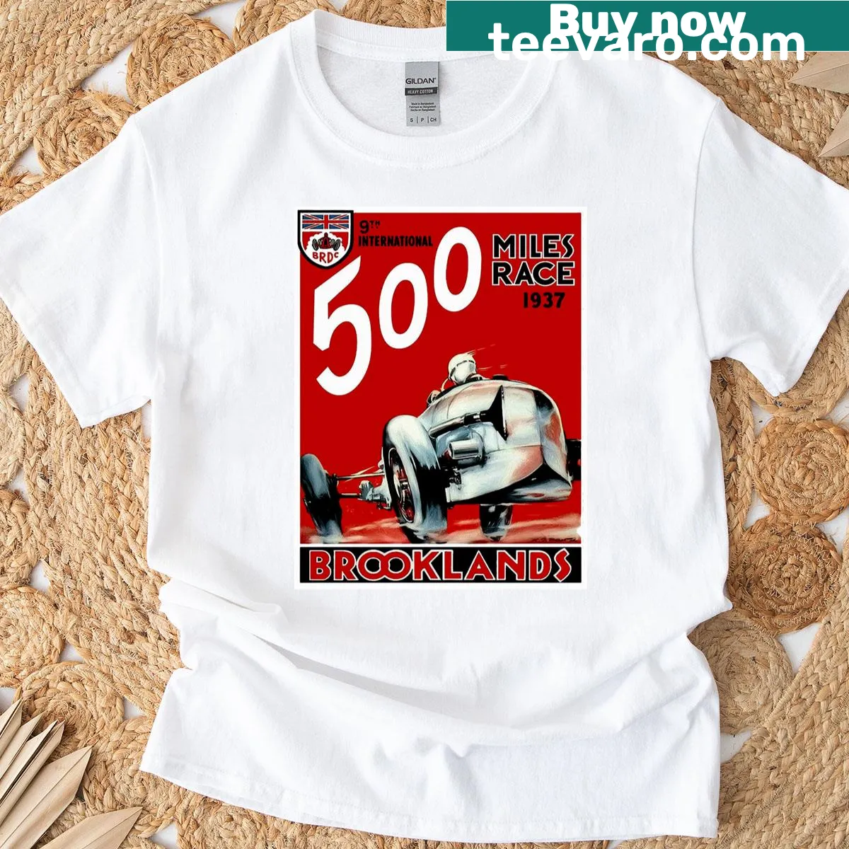 Vintage 1937 racing advertisement T-shirt with classic automobile print — on a men's t-shirt