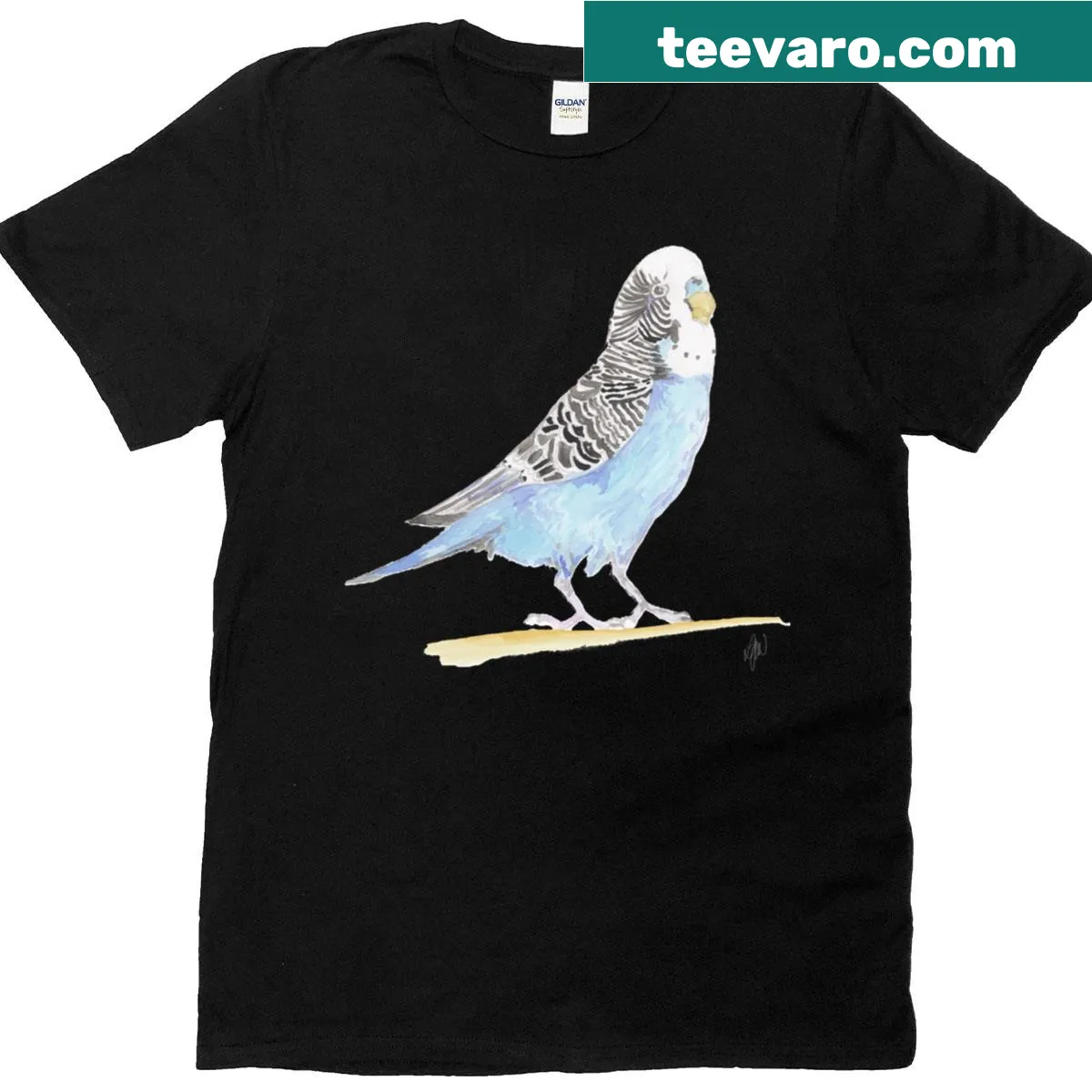Handpainted watercolor design of a budgerigar on T-shirt — on a men's t-shirt