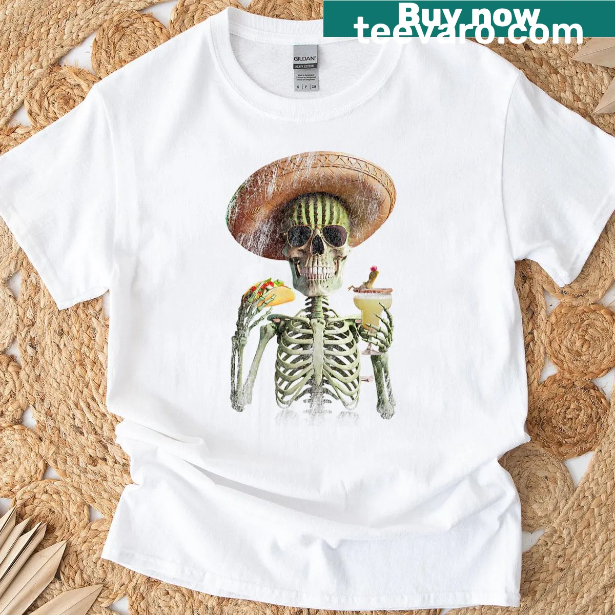 Cactus skeleton wearing sombrero graphic T-shirt for Cinco de Mayo — on a men's t-shirt