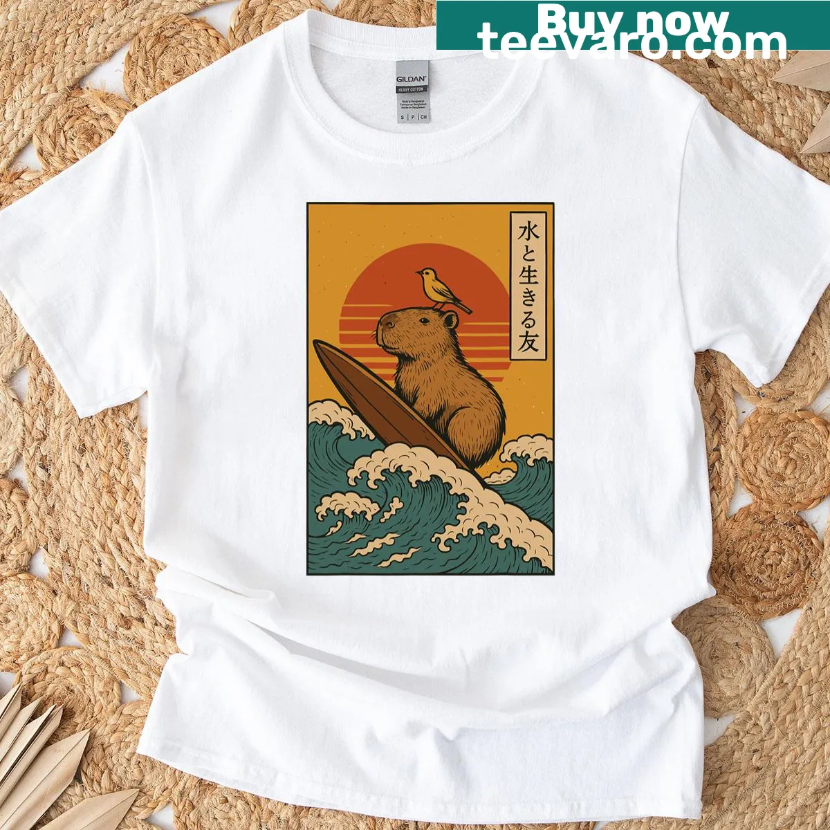 Cartoon T-shirt featuring a capybara surfing with a Japanese theme — on a men's t-shirt