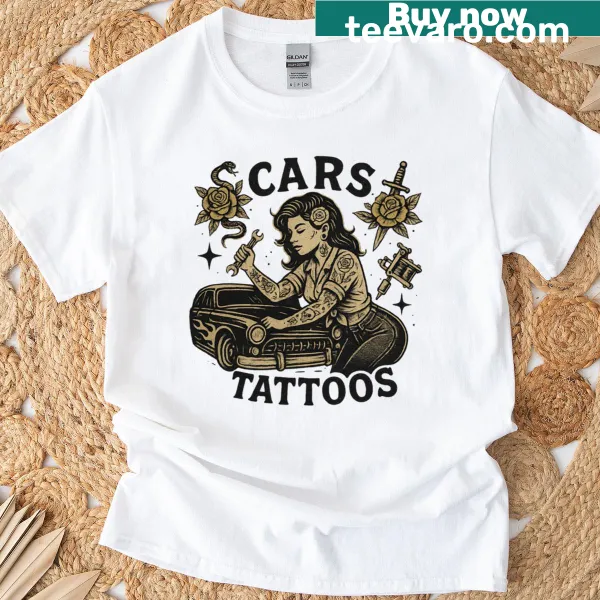 T-shirt featuring playful graphics of cars and tattoos