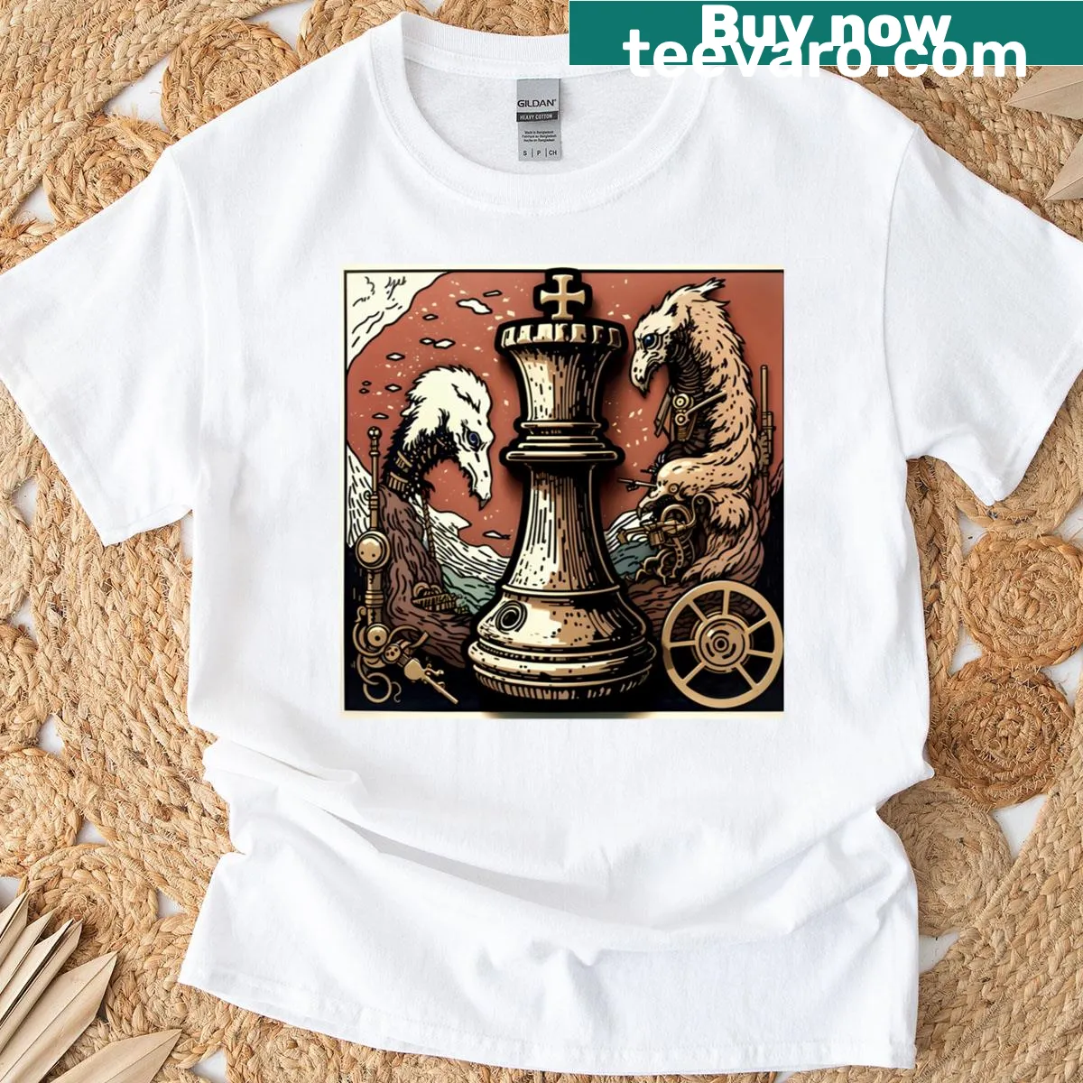 Minimalist chess tile graphic T-shirt with abstract typography — on a men's t-shirt