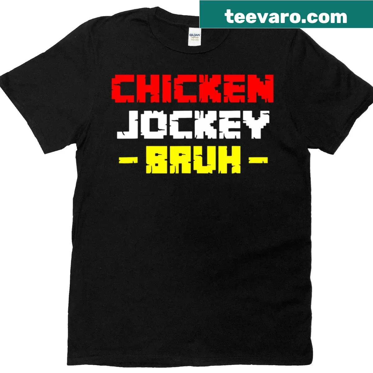 Funny chicken jockey meme T-shirt with cartoon graphic — on a men's t-shirt