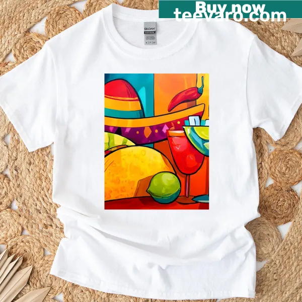 Cinco de Mayo fiesta shirt featuring sombrero, tacos, margarita, and chili peppers.