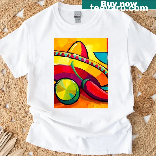 Mexican fiesta t-shirt with sombrero, lime, and chili pepper illustrations