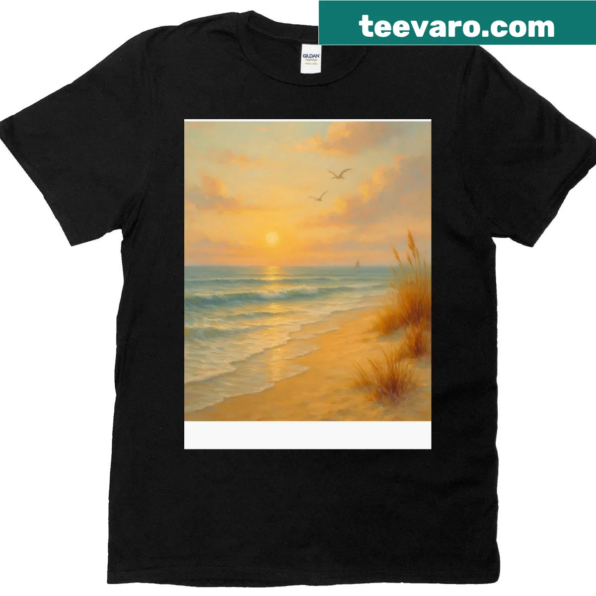 T-shirt featuring coastal poetry illustration of morning magic at sea — on a men's t-shirt
