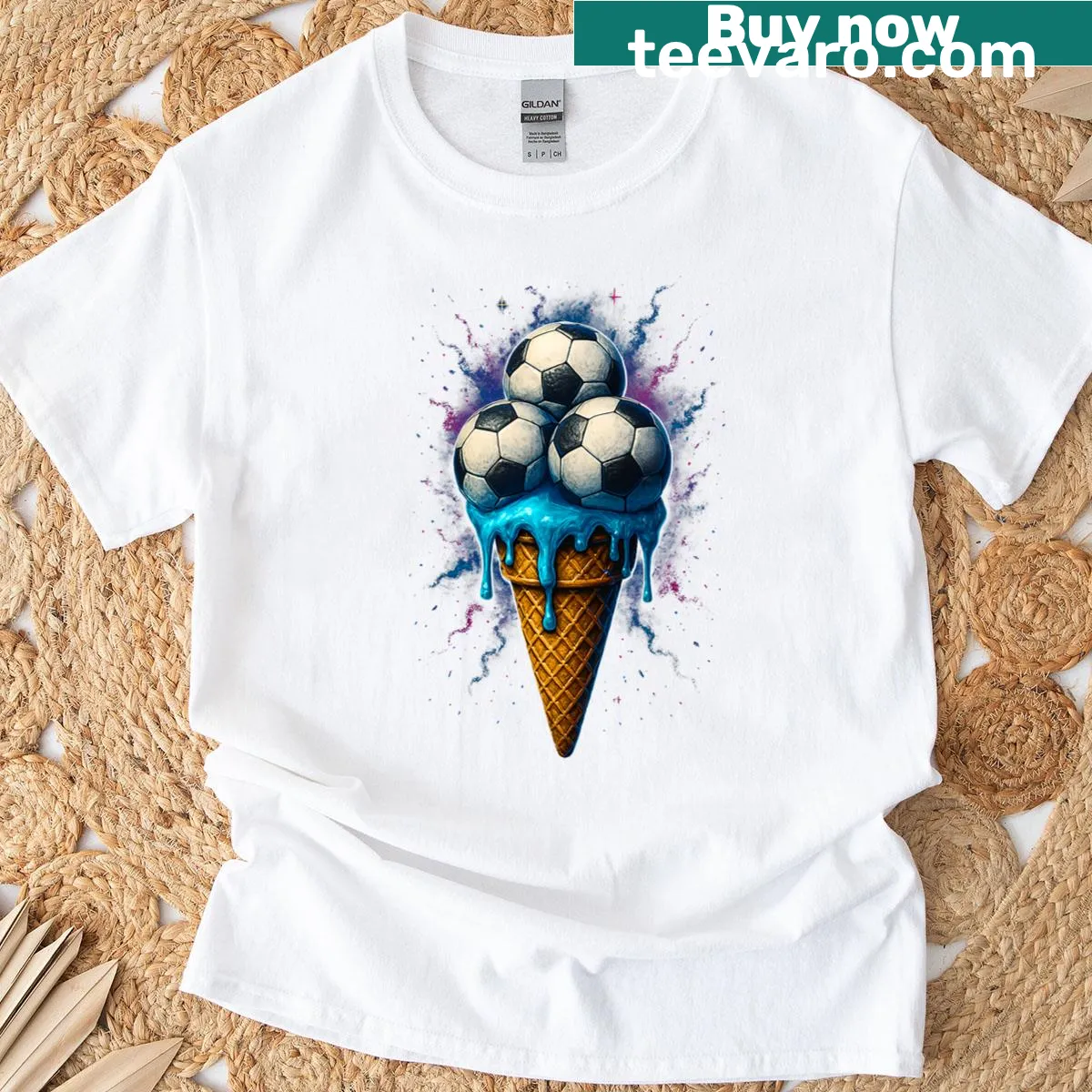 Cartoon soccer t-shirt featuring ice cream graphics — on a men's t-shirt