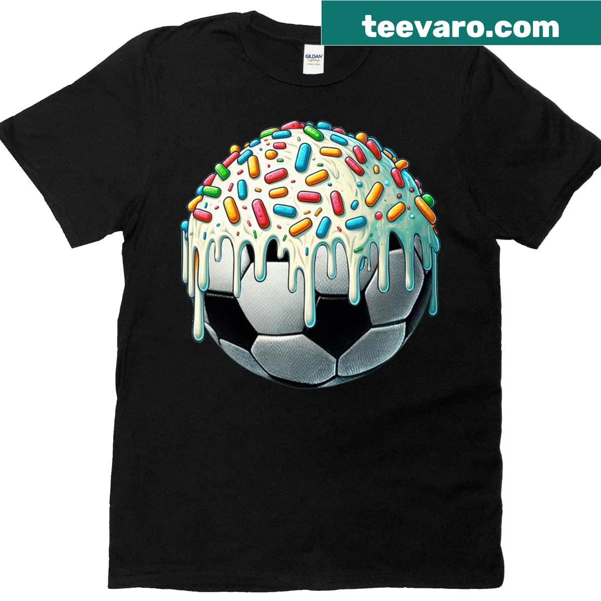 Playful melting ice cream soccer ball design on T-shirt — on a men's t-shirt