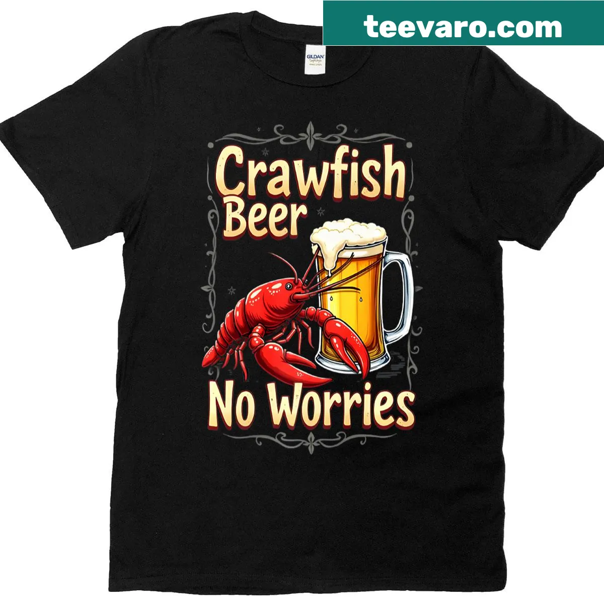 Premium T-shirt featuring crawfish and beer illustration — on a men's t-shirt