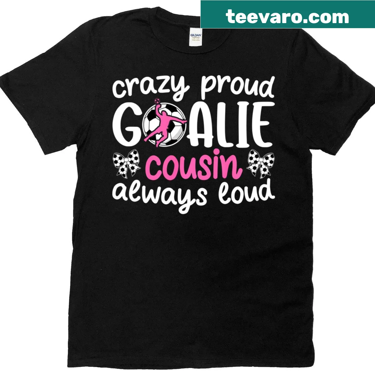 Proud soccer goalie cousin T-shirt with playful text — on a men's t-shirt