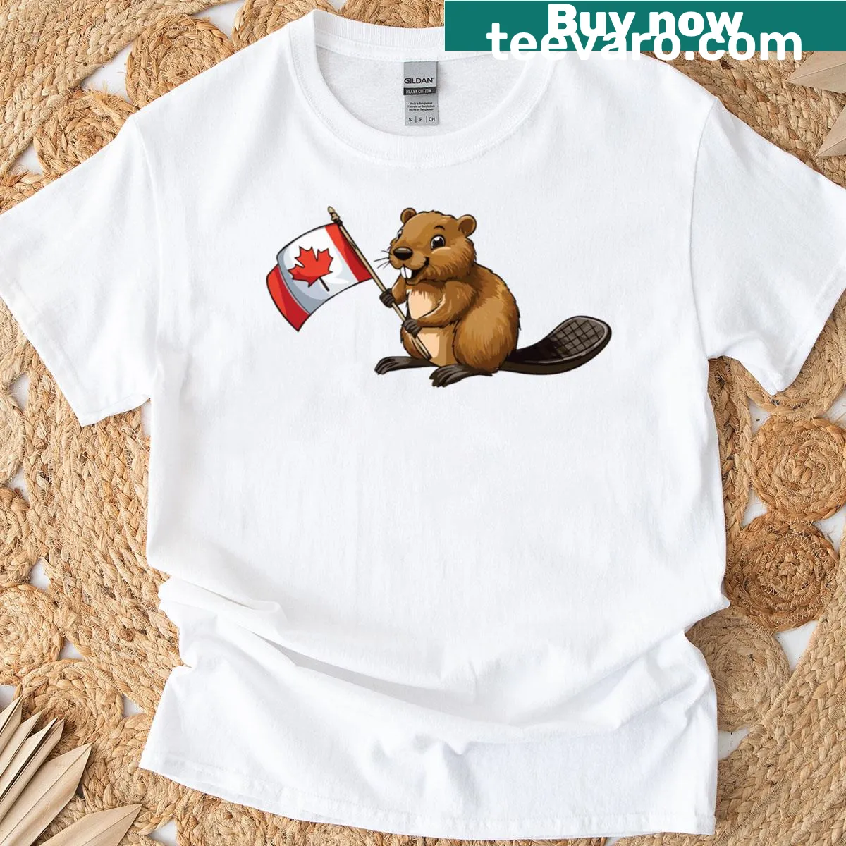 Cartoon beaver holding a Canadian flag on a playful t-shirt — on a men's t-shirt