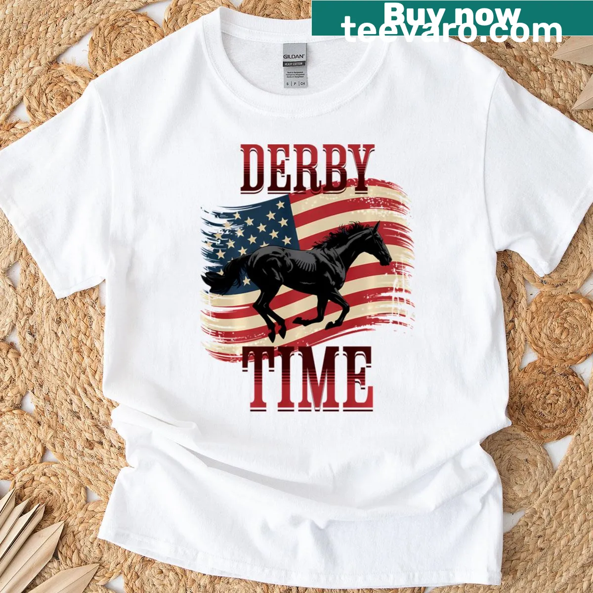 Patriotic horse racing fans T-shirt with derby time text — on a men's t-shirt