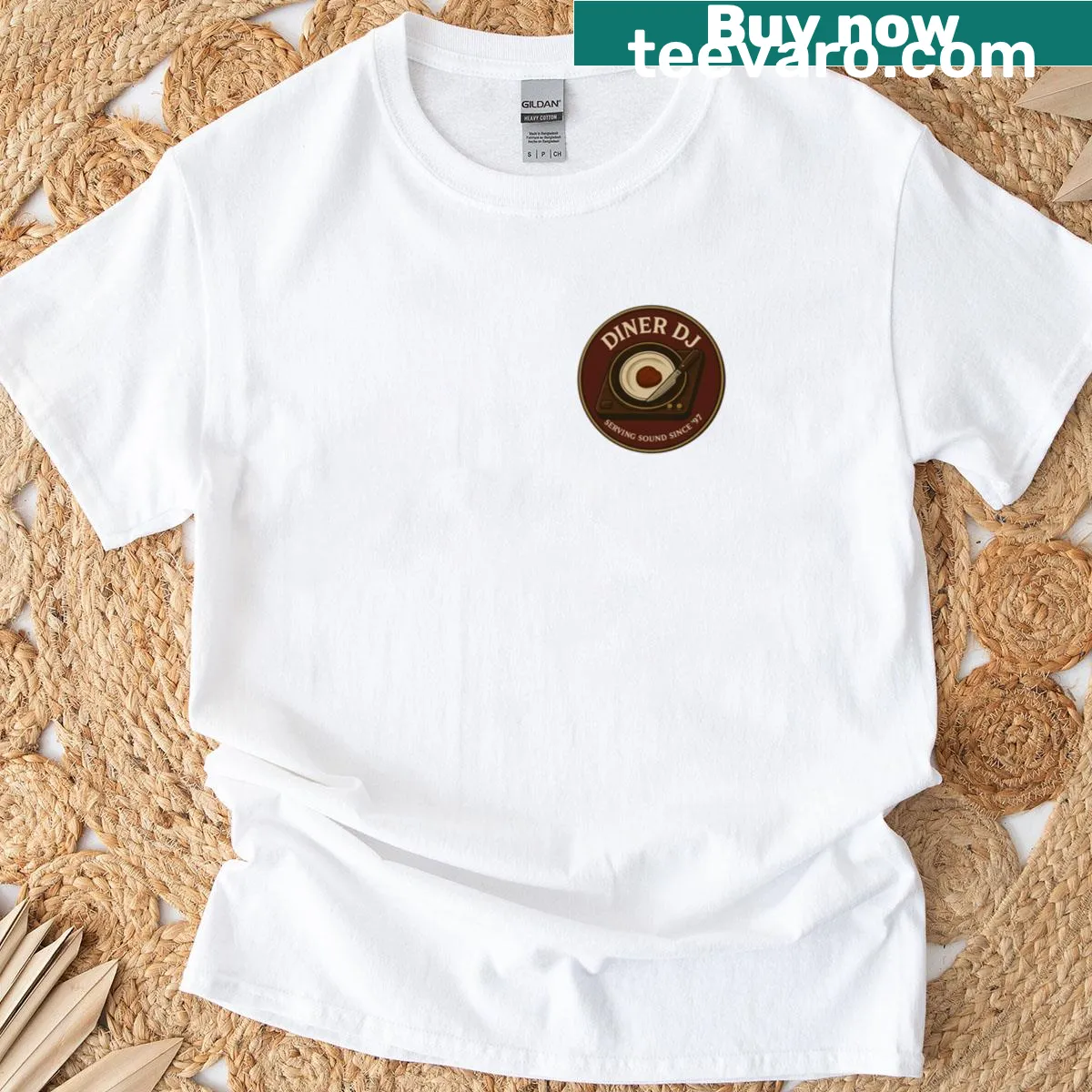Diner DJ T-shirt with playful diner-themed typography — on a men's t-shirt