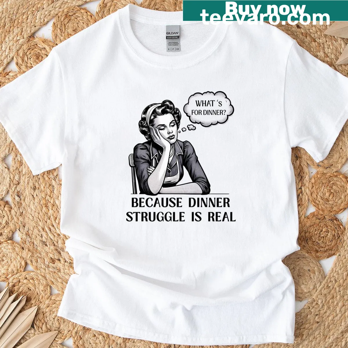 Retro humorous cooking t-shirt featuring a funny dinner struggle design. — on a men's t-shirt