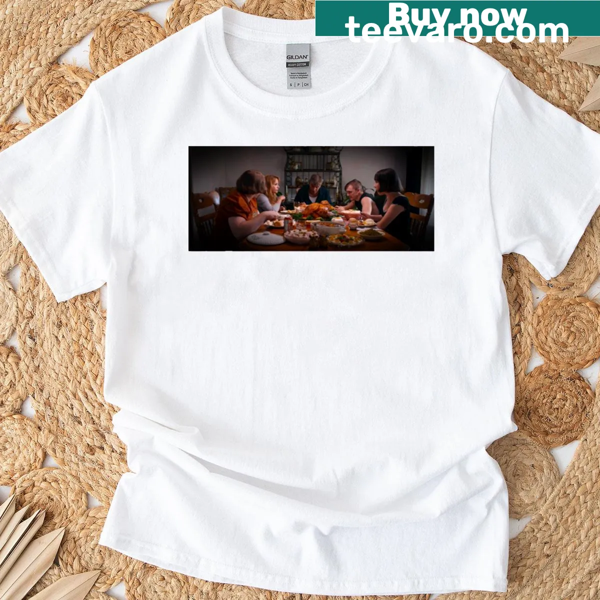 Oversized T-shirt with 'Dinners Served 02' printed on it — on a men's t-shirt