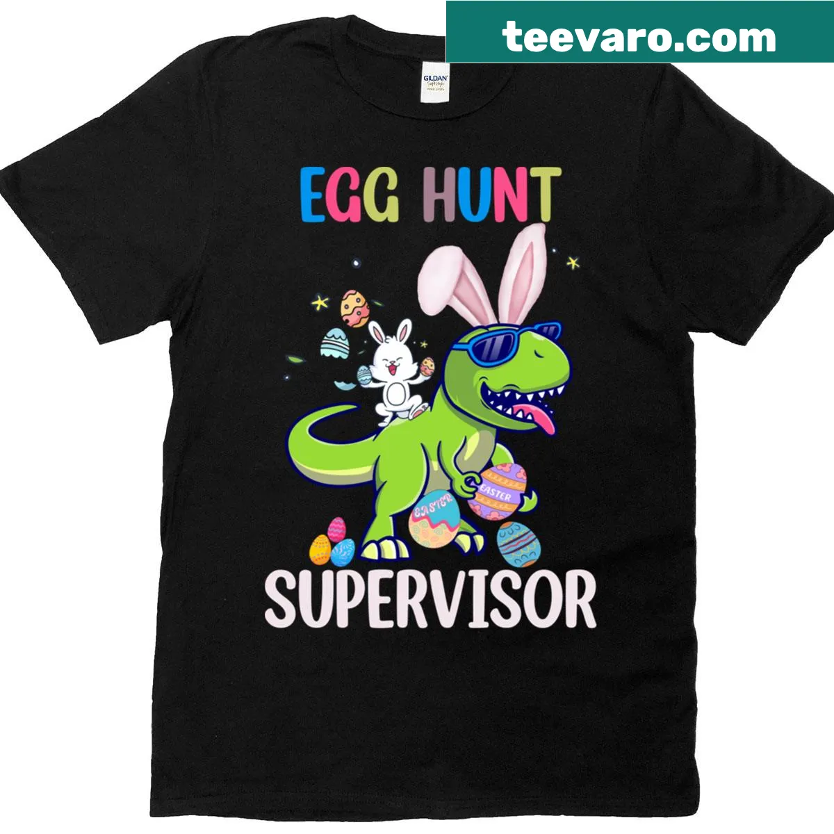 Funny t-shirt saying 'Dinos Easter Egg Hunt Supervisor' for kids — on a men's t-shirt