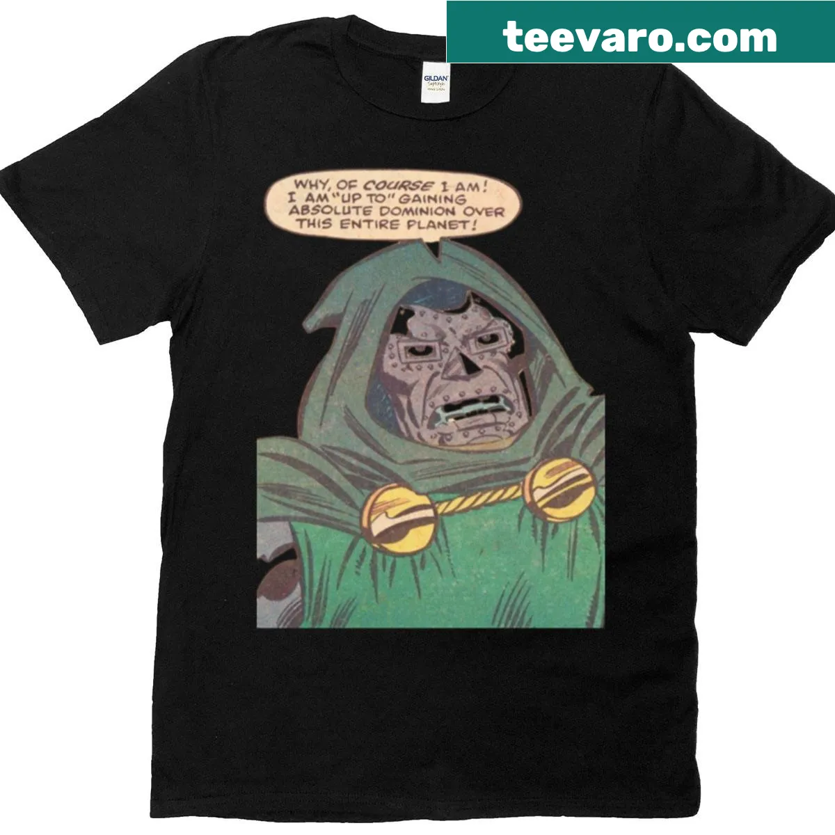 Illustrative T-shirt featuring Doctor Doom character — on a men's t-shirt